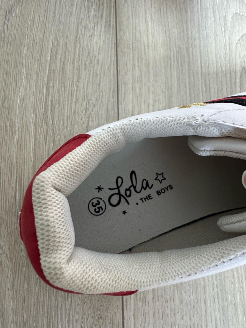 Lola + The Boys White Sneakers with Red & Black Stripe and Gold Bee - Picture 3 of 6